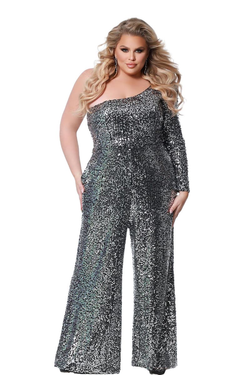 Sydney's Closet One Shoulder Wide Leg Plus Size Jumpsuit, Alternate, color, Platinum