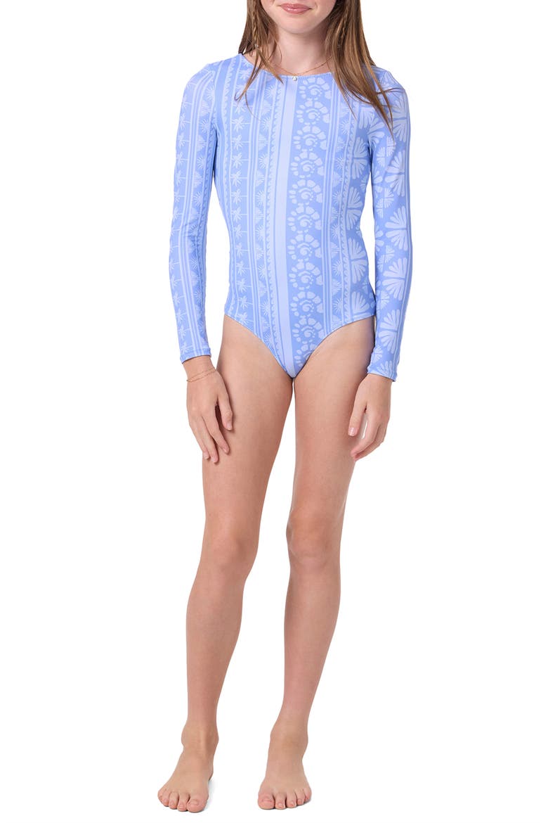 Kids' Surf Abstract Cutout Long Sleeve One-Piece Swimsuit, Alternate, color, AZURINE