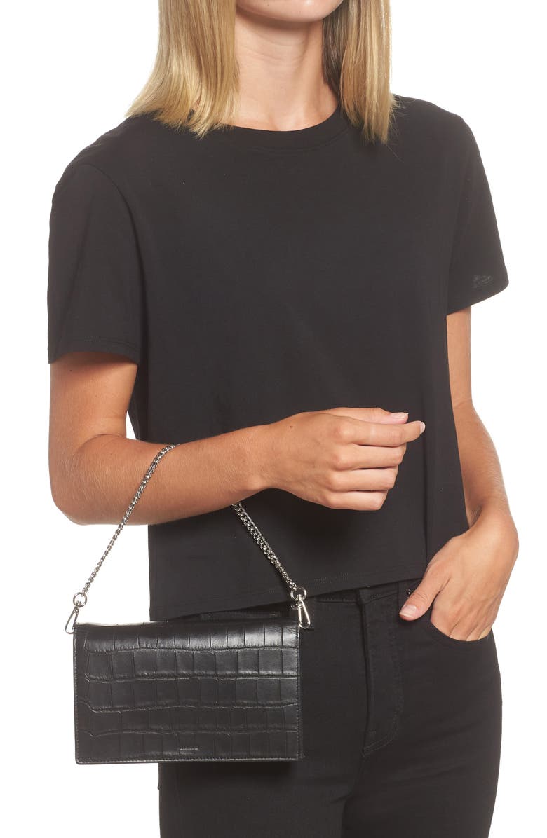 AllSaints Fetch Croc Embossed Leather Chain Crossbody Wallet, Alternate, color, Black Croc