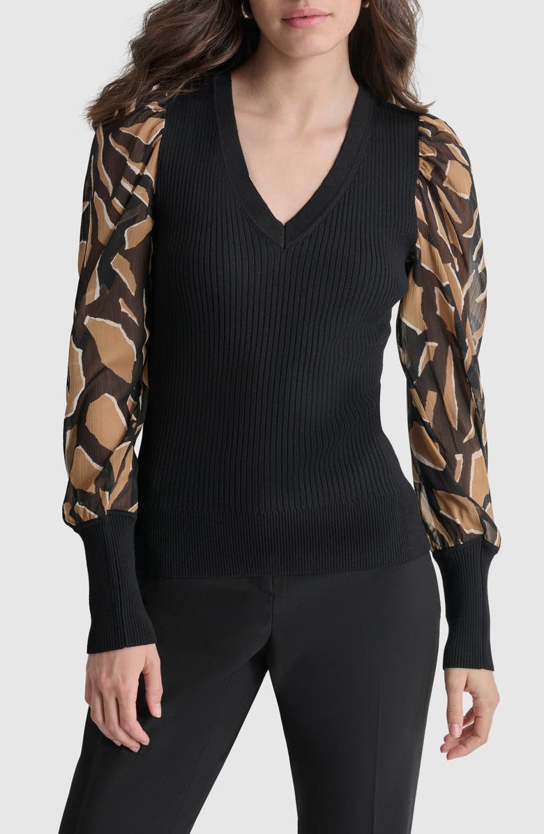 DKNY Rib Puff Shoulder Sweater, Main, color,