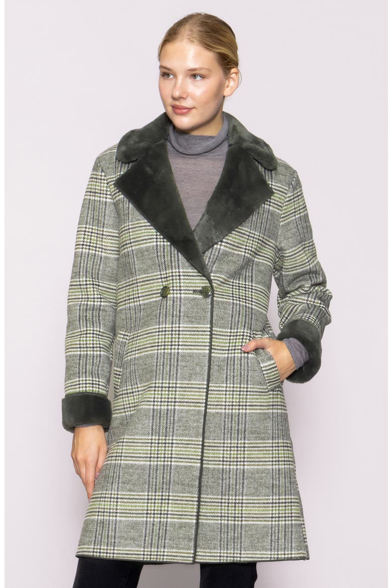 Plaid Faux Fur Trim Coat, Alternate, color, GREEN PLAID