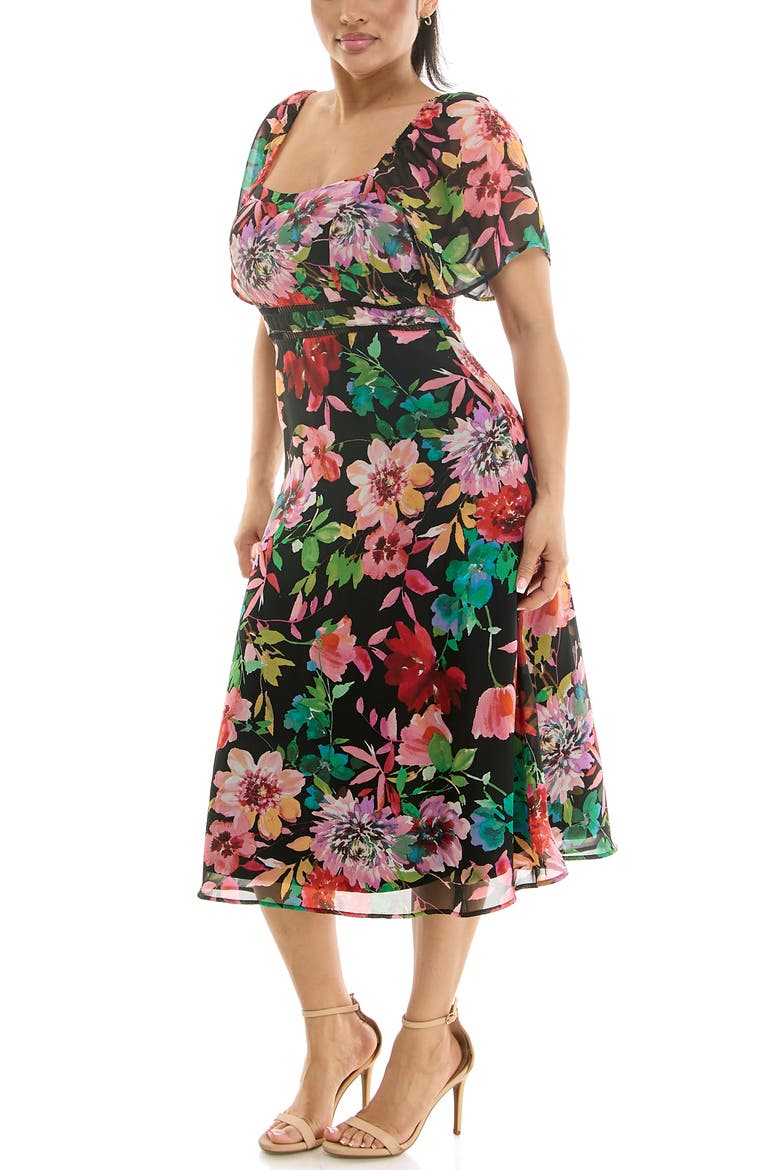 Flutter Sleeve Sweetheart Midi Dress, Alternate, color, BLACK MULTI