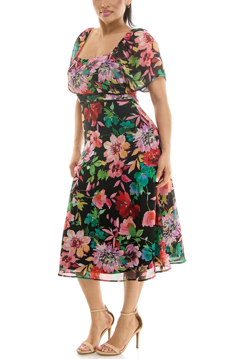 Nina Leonard Flutter Sleeve Sweetheart Midi Dress, Alternate, color, Black Multi