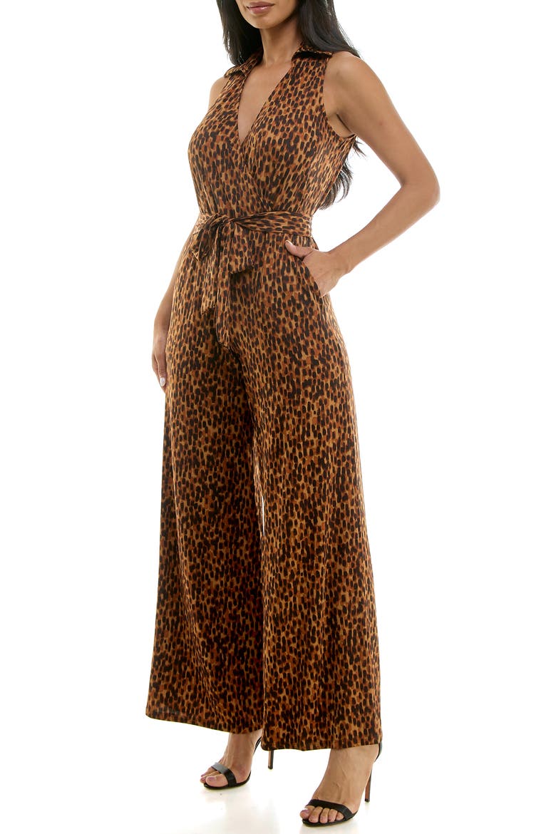 Sleeveless Faux Wrap Jumpsuit, Alternate, color, COGNAC MULTI