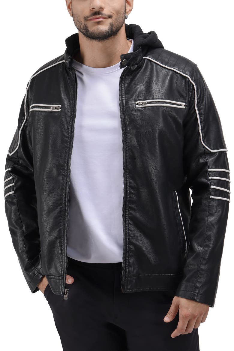 Faux Leather Hooded Moto Jacket with Faux Fur Lining, Alternate, color, BLACK/ WHITE