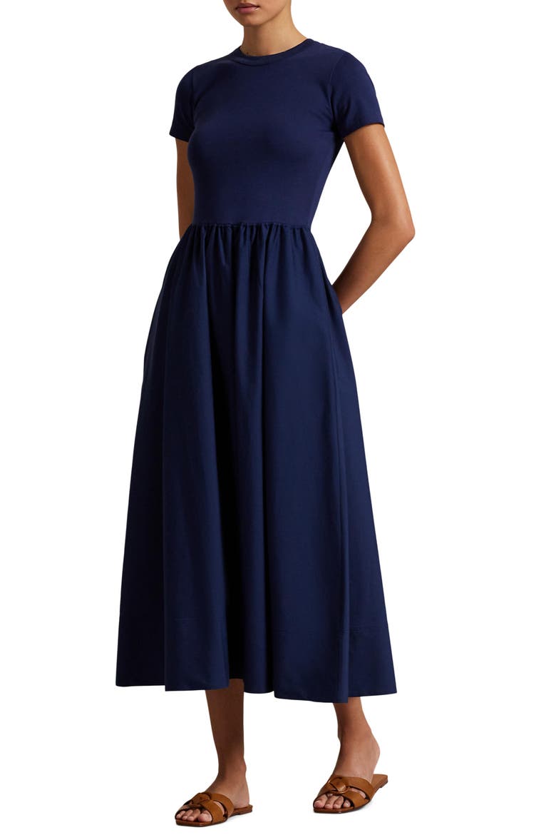 Short Sleeve Cotton Midi Dress, Main, color, NAVY