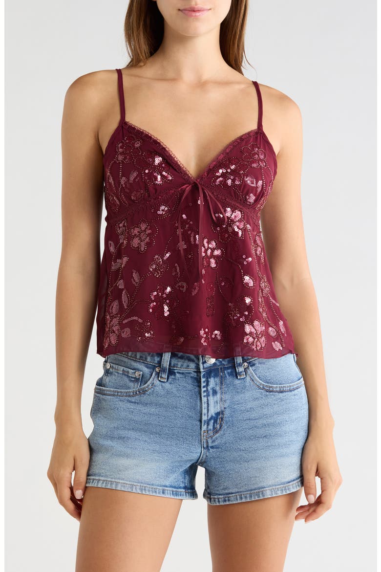 Sequin Floral Embroidered Lace Trim Camisole, Main, color, BURGUNDY
