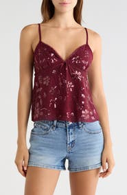 Madden Girl Sequin Floral Embroidered Lace Trim Camisole