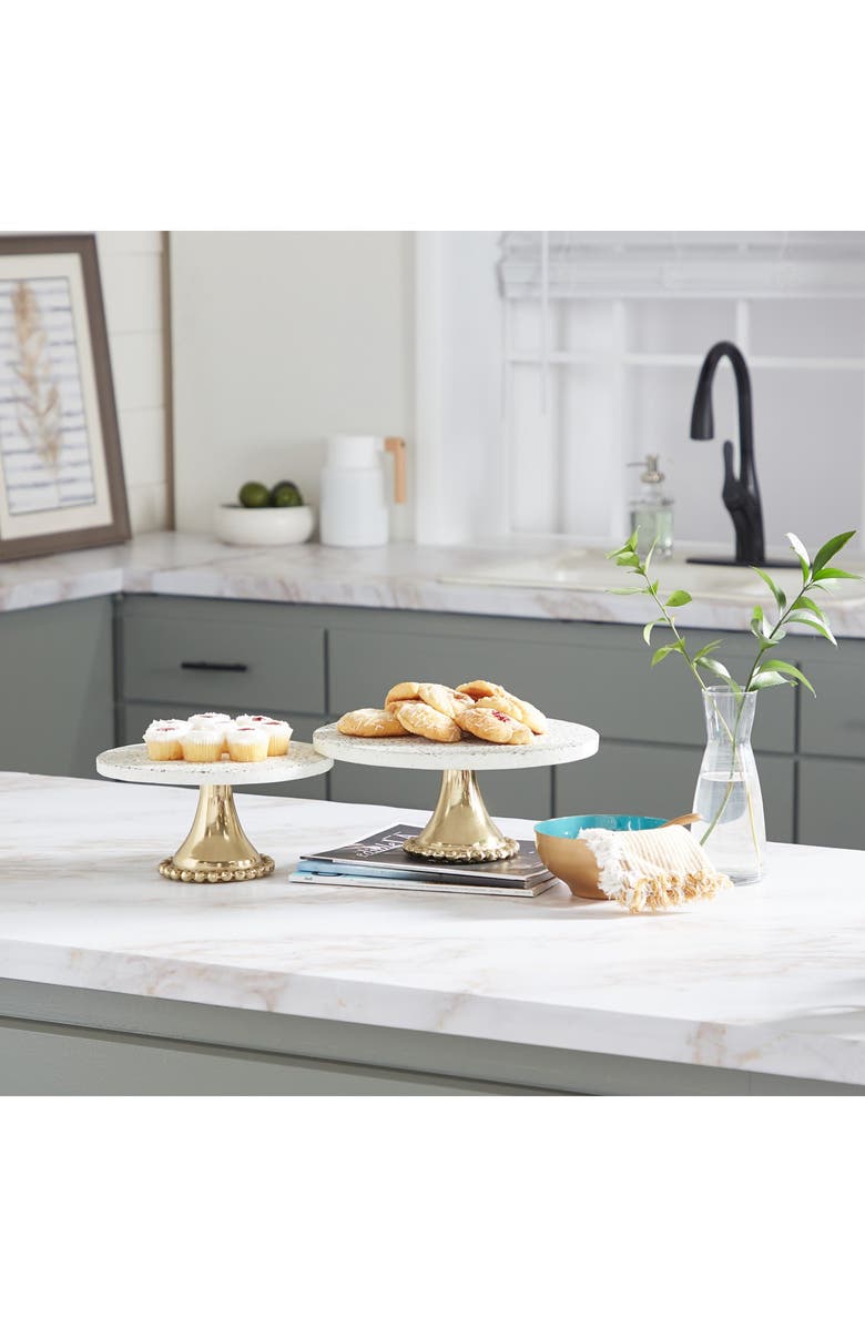 VIVIAN LUNE HOME Goldtone Ceramic Speckled Cake Stand with Goldtone Base - Set of 2, Main, color,