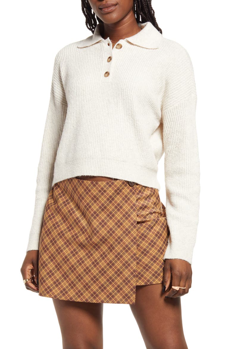 Rib Long Sleeve Polo Sweater, Main, color, BEIGE OATMEAL LIGHT HEATHER