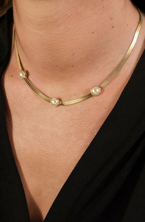 Sterling Forever 14k Plated 10mm Pearl Pamela Stationed Herringbone Necklace