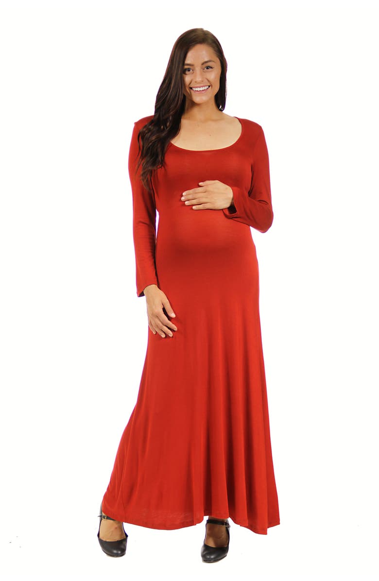 24seven Comfort Apparel Long Sleeve Maternity Maxi Dress, Main, color, Rust