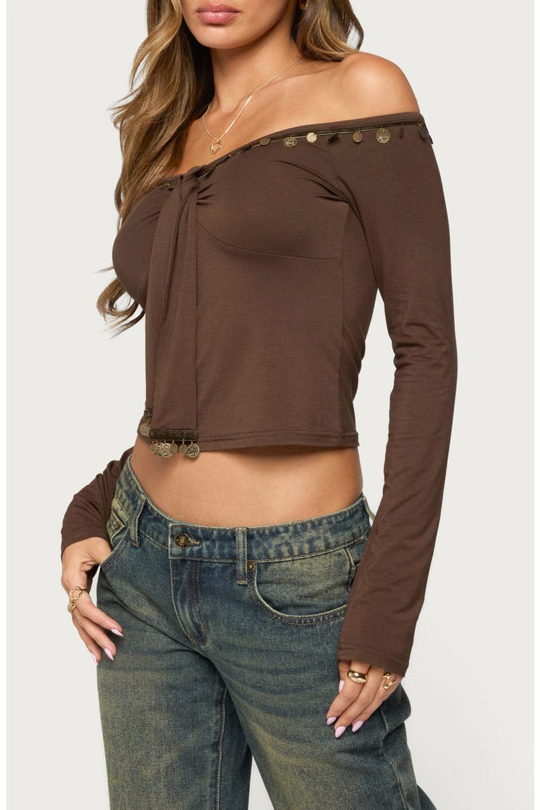 Aili Coin Charm Off the Shoulder Top, Alternate, color, BROWN