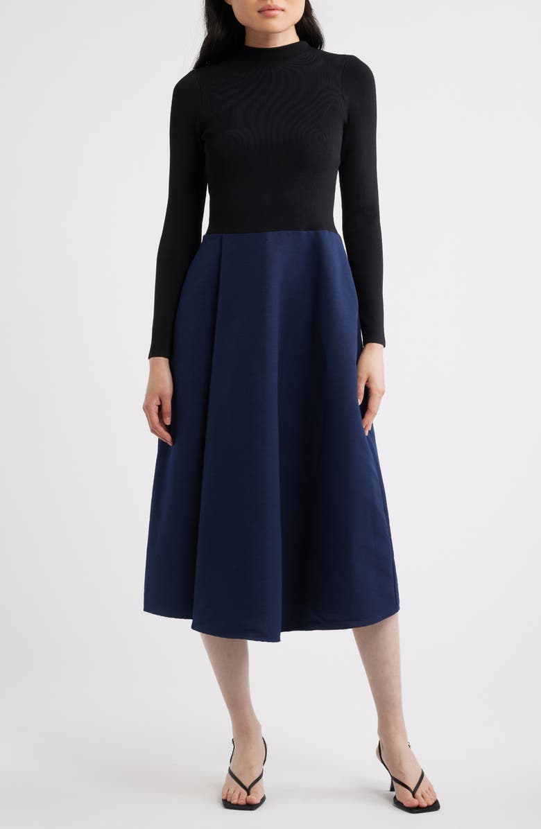 Ted Baker London Chira Long Sleeve Mixed Media Dress, Main, color, Black/ Blue
