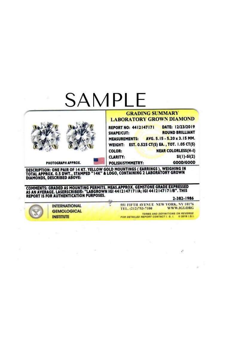 Certified 1Ct TW Round Diamond Studs 14k Gold Lab Grown, Alternate, color, 14k White Gold