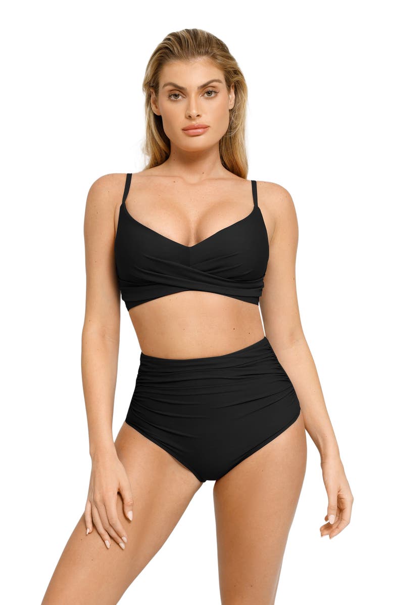 Popilush Shapewear Bust-Enhancing Draped Bikini Top, Alternate, color, Midnight Black
