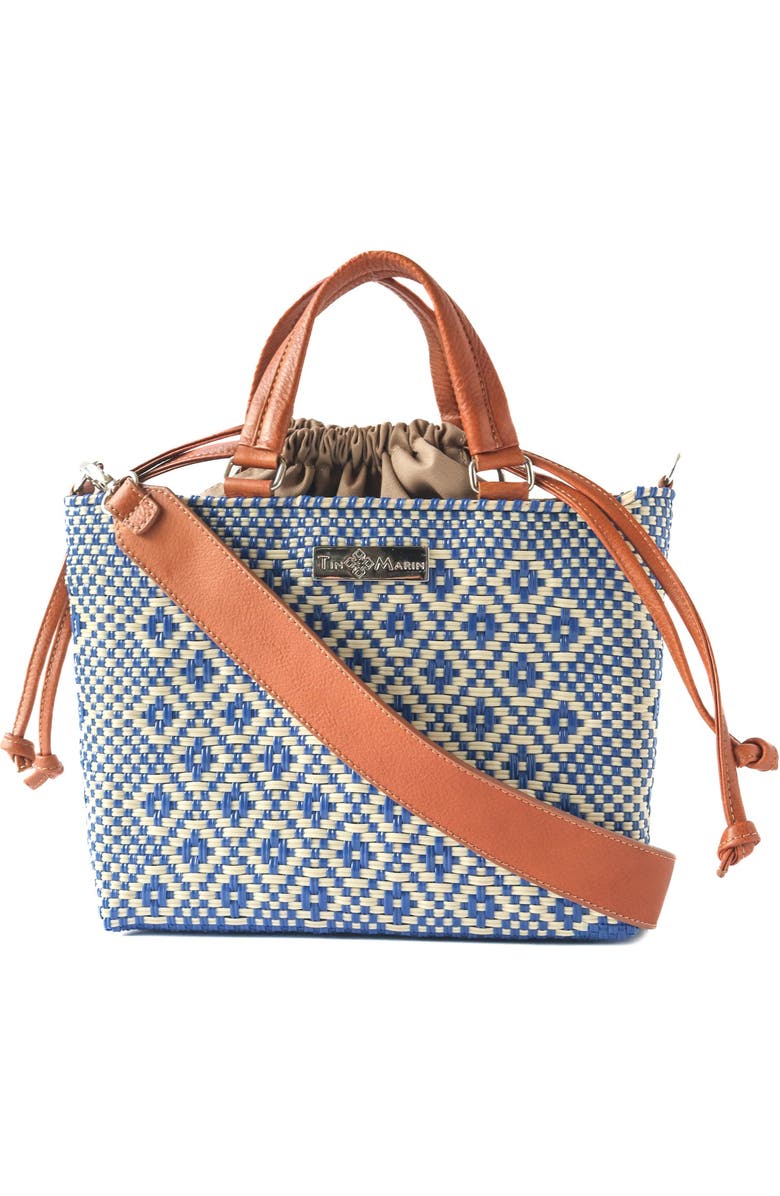 Tin Marin Mixte Medium Woven Crossbody Drawstring Bag, Main, color, Blue & Tan