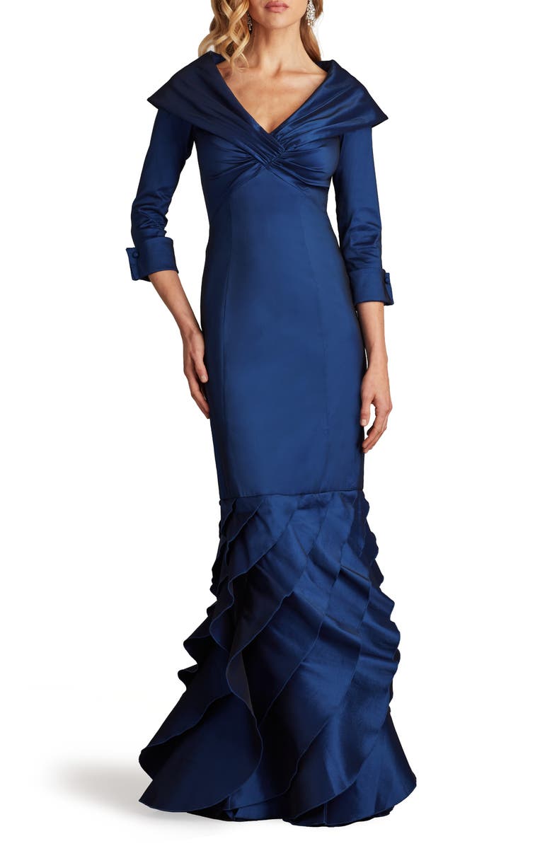 Tadashi Shoji Ruffle Detail Fit & Flare Taffeta Gown, Main, color, Navy