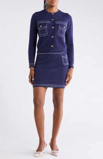 Contrast Stitched Cardigan and Skirt Set