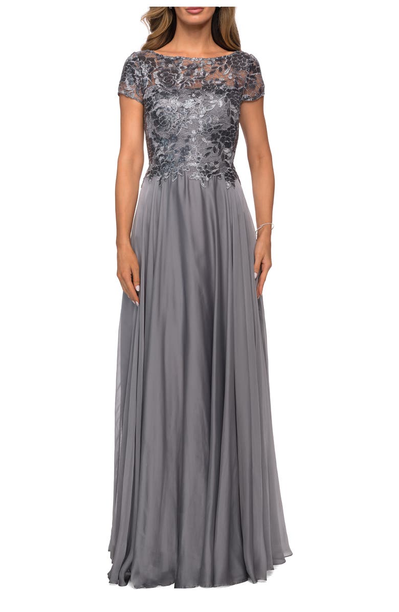 La Femme Short Sleeve Metallic Lace Evening Dress with Chiffon Skirt, Main, color, Platinum