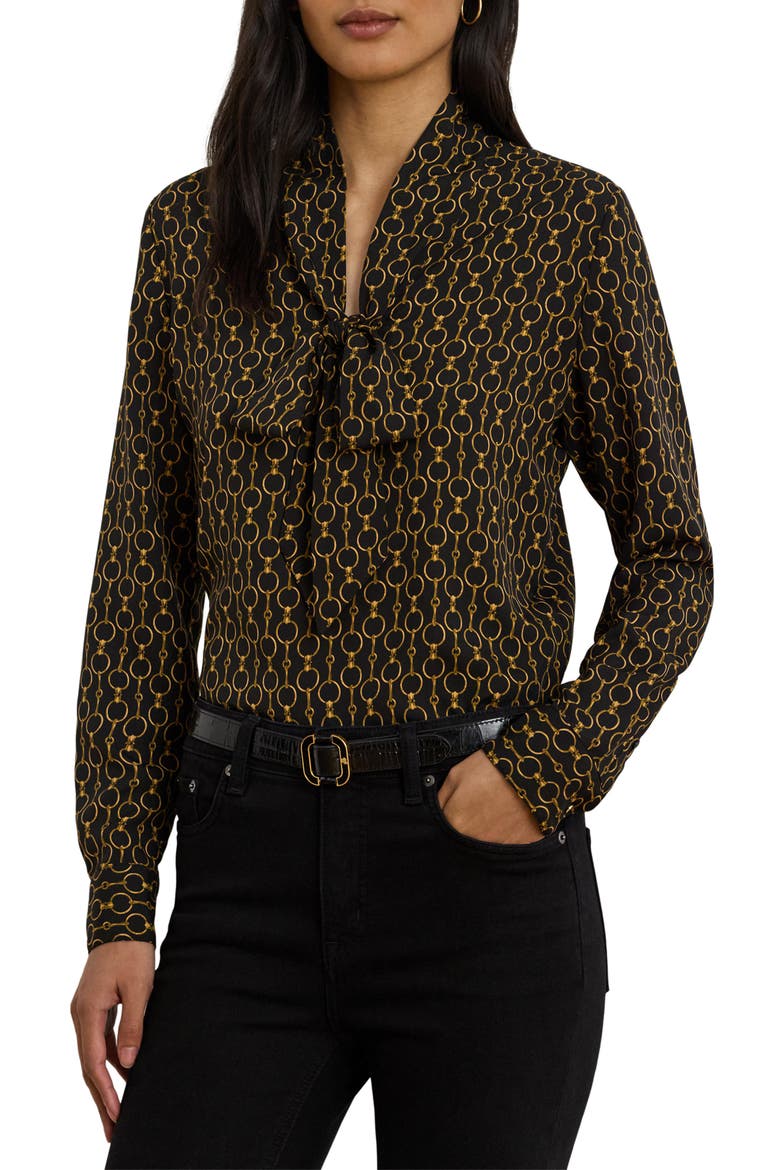 Chain Print Tie Neck Crêpe de Chine Top, Main, color, BLACK MULTI