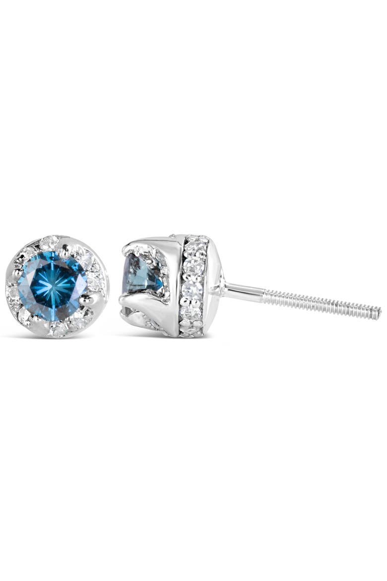 14K White Gold 1.00 Ct Blue and White Diamond Hidden Halo Stud Earrings, Alternate, color, White