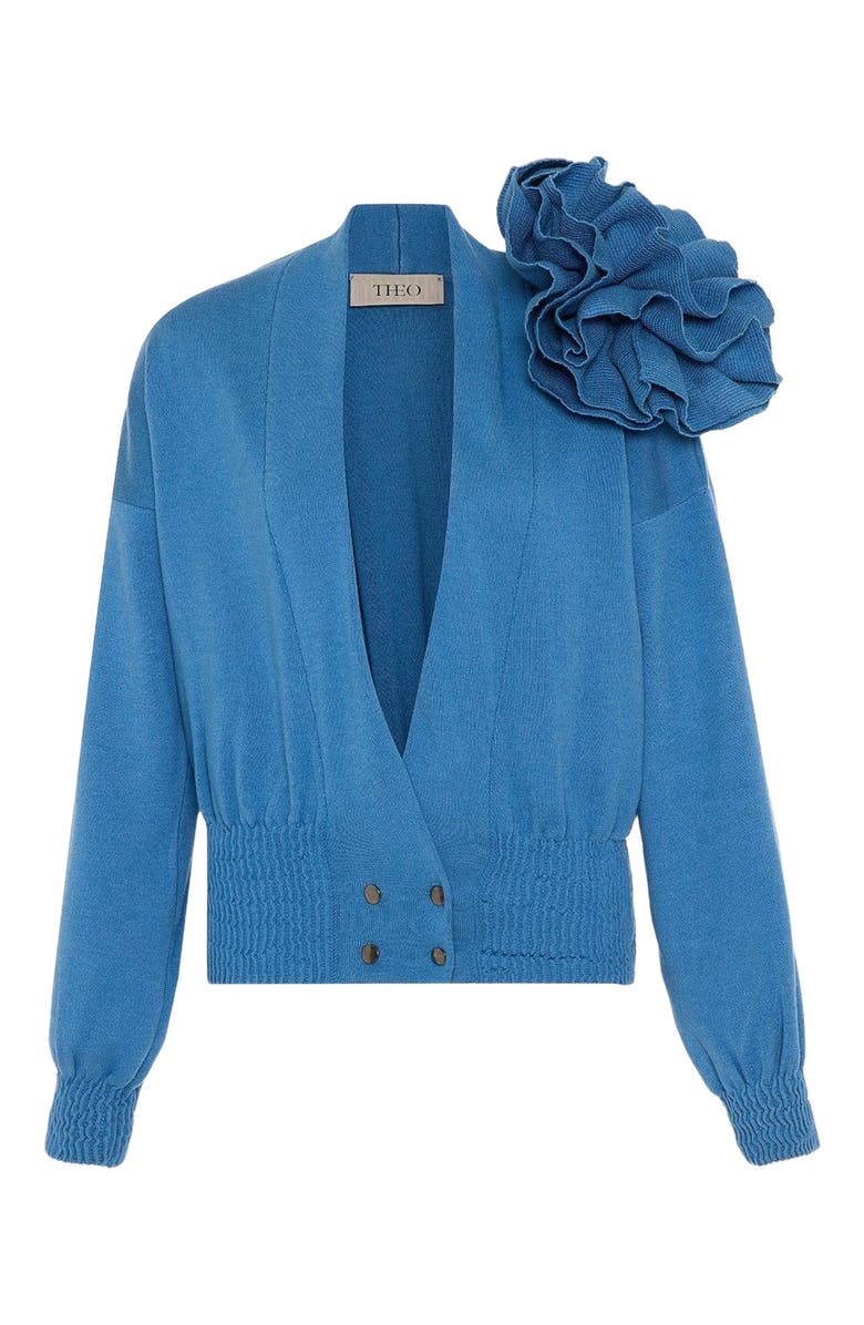 THEO The Label Nomia Ribbed Waist Rosette Cardigan, Alternate, color, Retro Blue