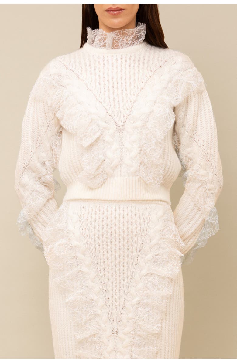 Contessa Mills Wildes Soft Warm Lace-Trimmed Wool Sweater, Alternate, color, White