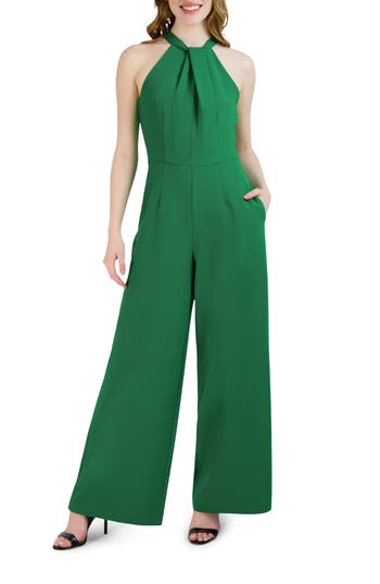 Julia Jordan Halter Neck Wide Leg Jumpsuit In Green
