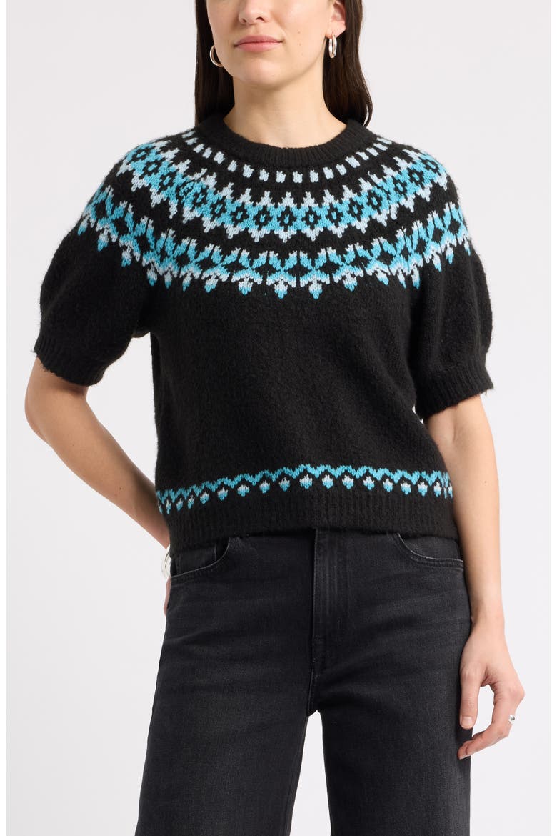 Fair Isle Short Sleeve Sweater, Main, color, BLACK- TEAL FAIRISLE