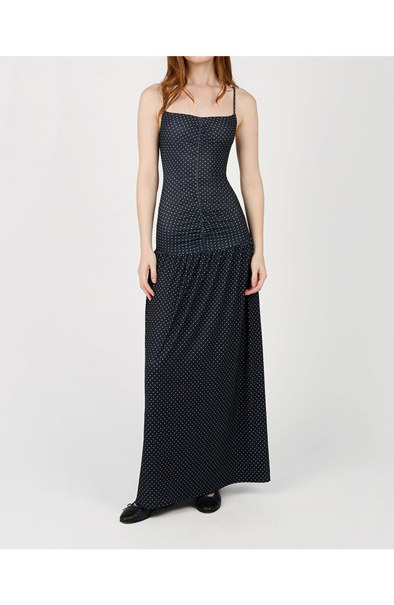 WeWoreWhat Ruched Front Scoop Maxi Dress, Main, color, Navy/White Multi