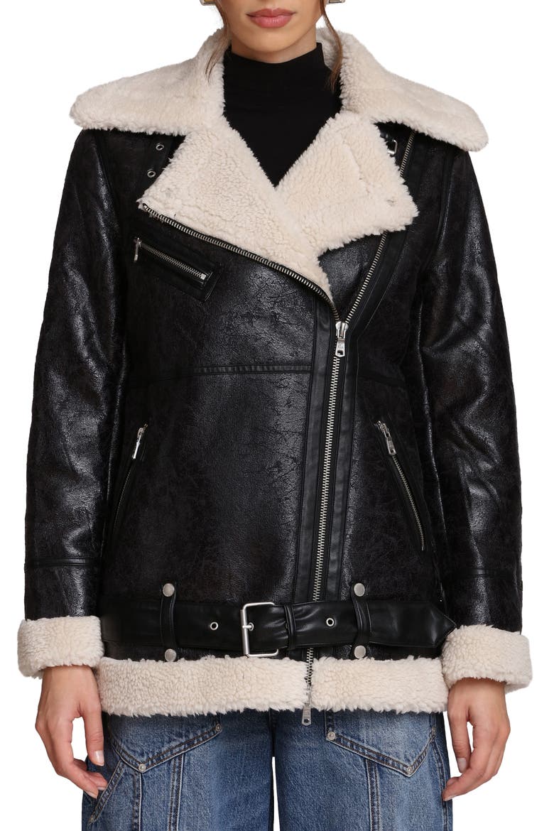 Faux Leather Biker Jacket with Faux Shearling Collar, Alternate, color, BLACK-CREAM