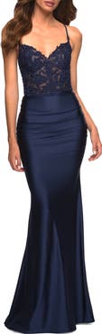 La Femme Jewel Tone Jersey Gown with Sheer Lace Bodice