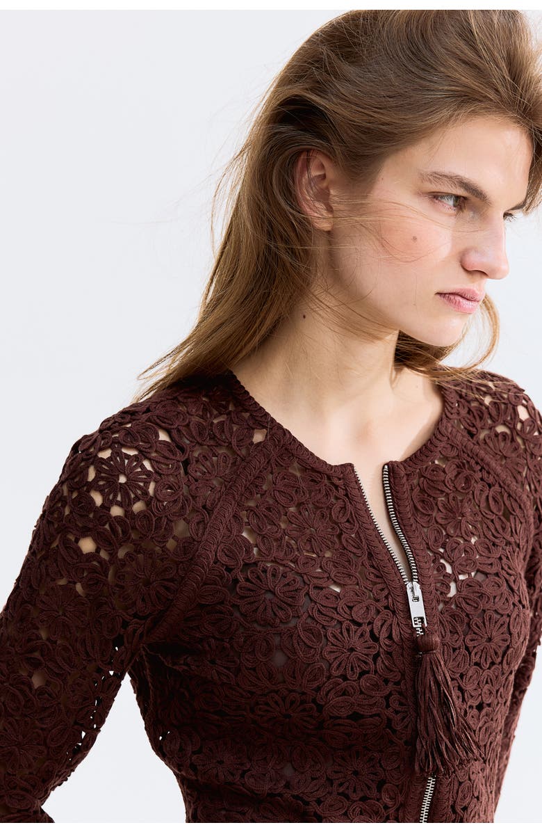 H&M Crochet-look Cardigan, Alternate, color, Dark Brown