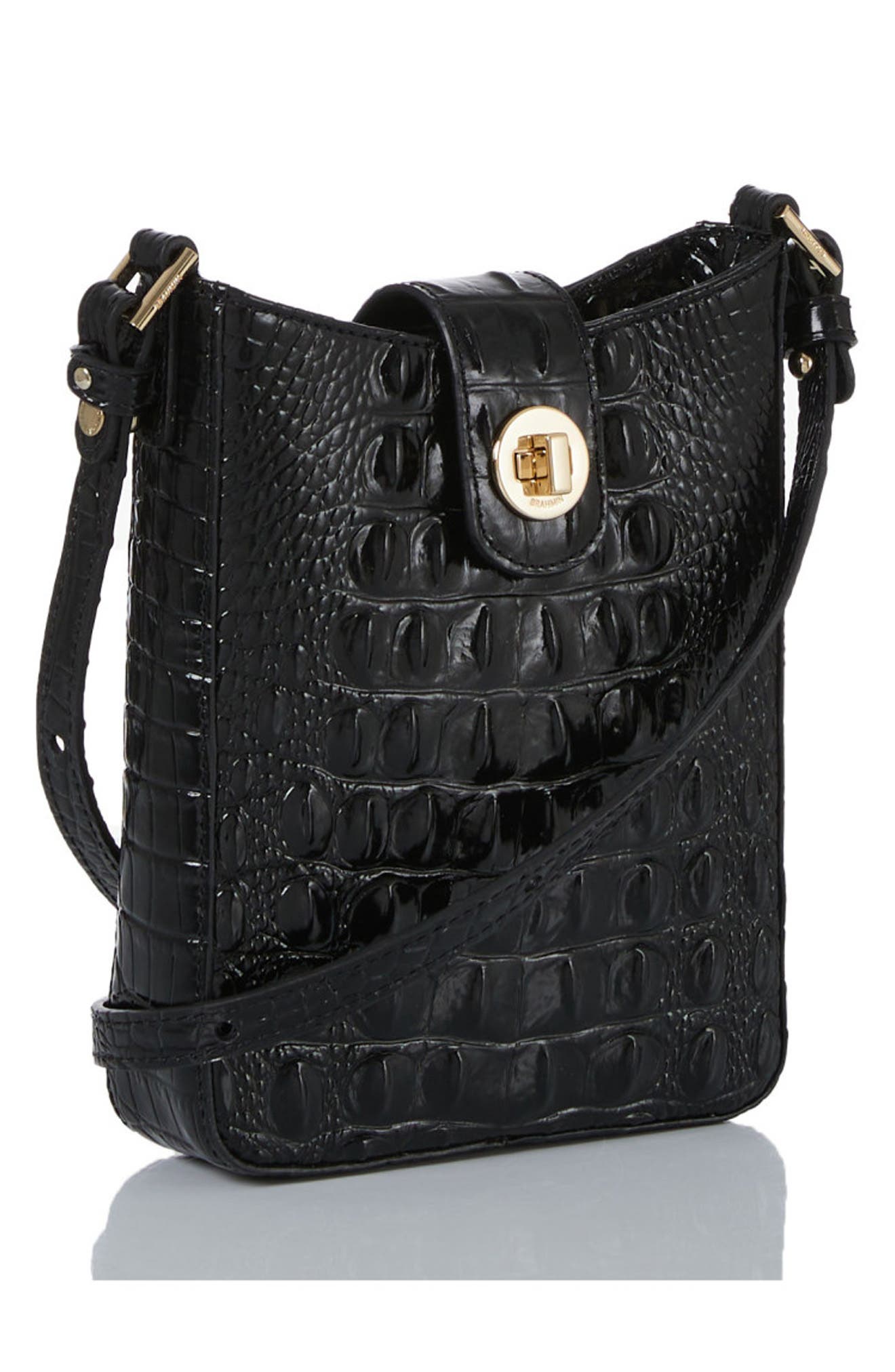Brahmin Marley Croc Embossed Leather Crossbody Bag, Alternate, color, Black