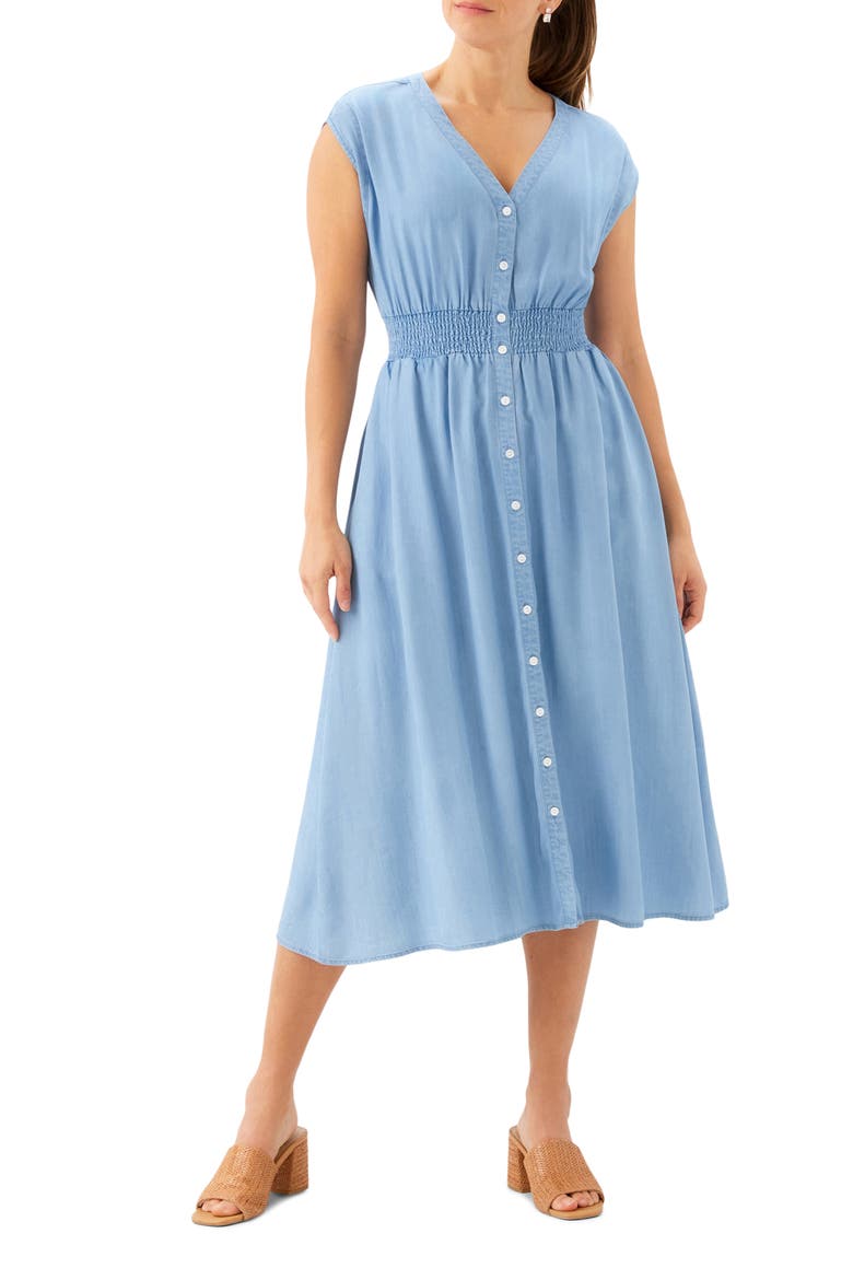 Smocked Waist Chambray Button-Up Midi Dress, Main, color, CHAMBRAY