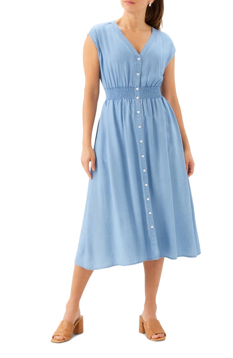 Karen Kane Smocked Waist Chambray Button-Up Midi Dress, Main, color, Chambray