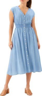 Karen Kane Smocked Waist Chambray Button-Up Midi Dress