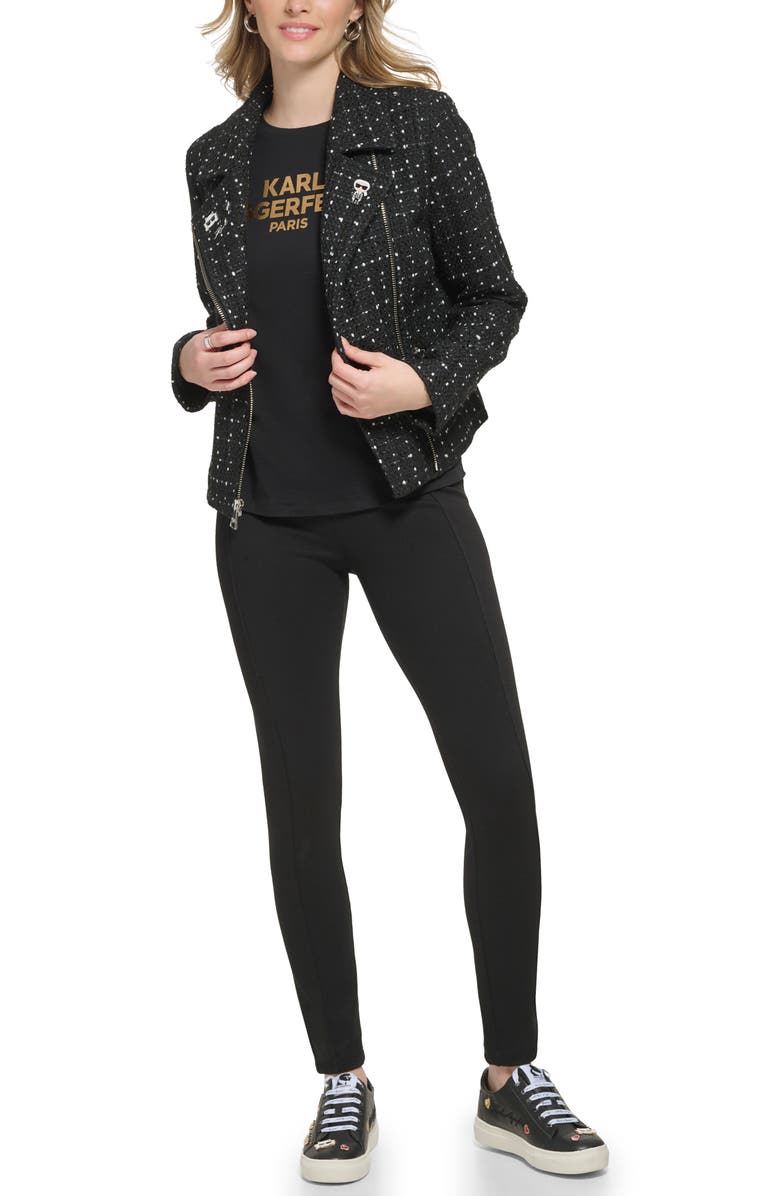 KARL LAGERFELD PARIS Logo Enamel Pin Tweed Moto Jacket, Alternate, color,