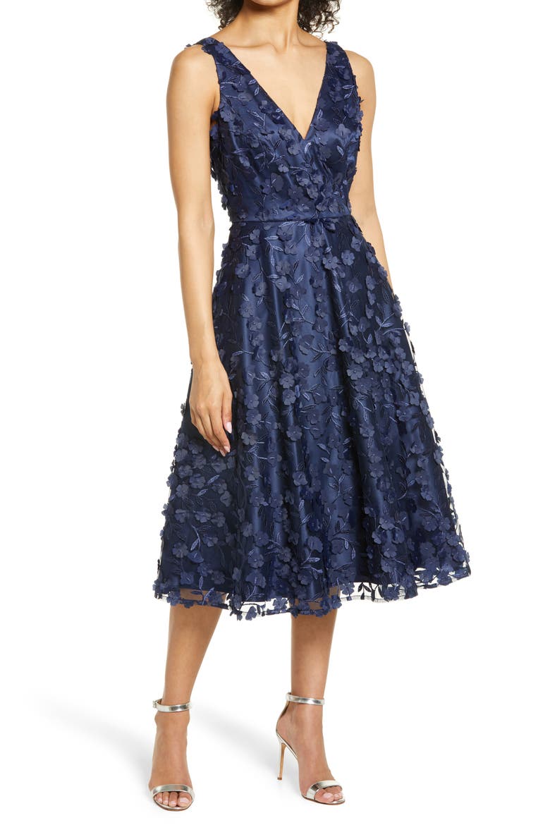 3D Appliqué Fit & Flare Cocktail Dress, Main, color, NAVY