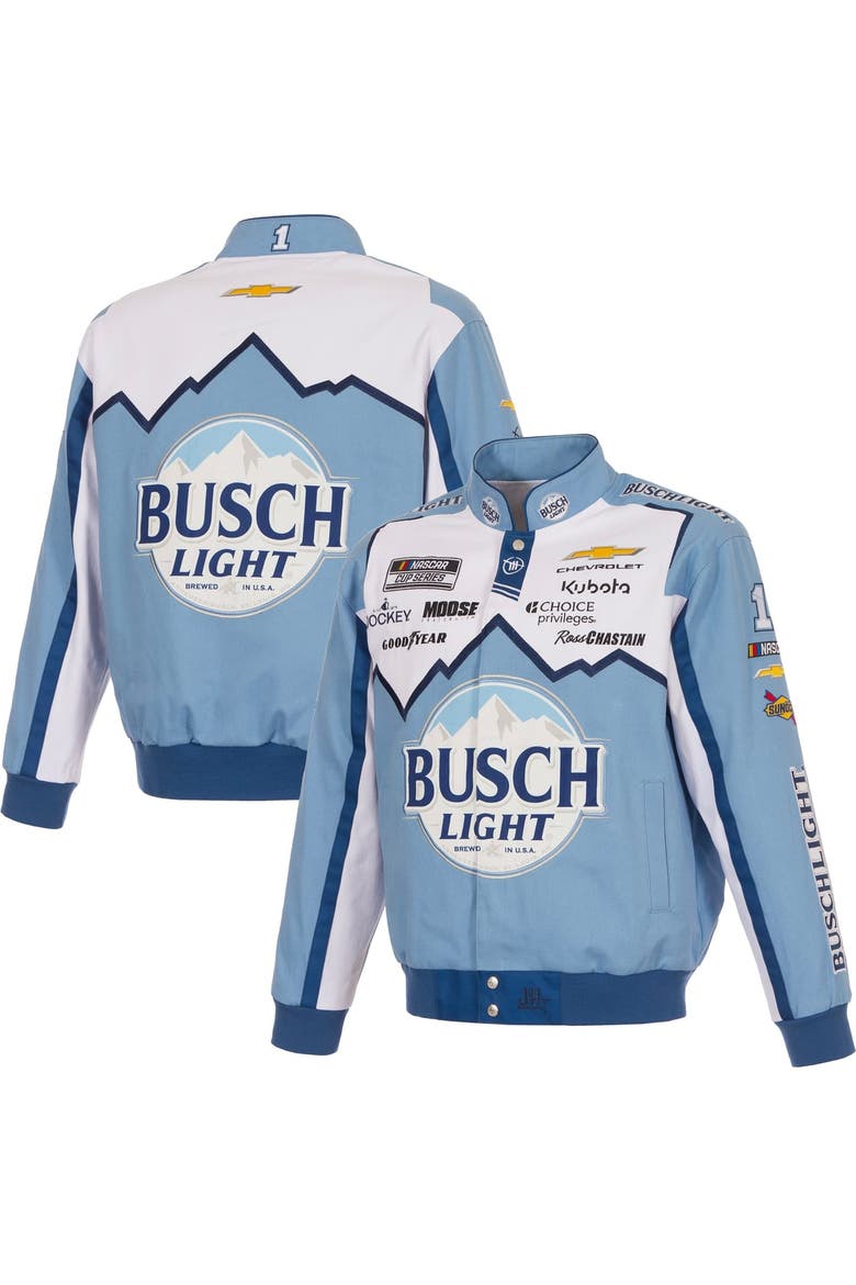 Men's JH Design Light Blue/White Ross Chastain 2026 Busch Light Full-Snap Twill Racing Jacket, Main, color, Light Blue