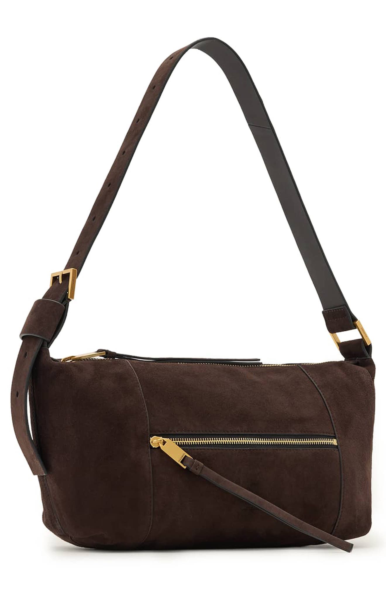 AllSaints Vega Suede Shoulder Bag, Alternate, color, Bitter Brown