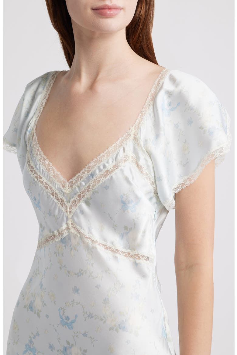 Eline Floral Print Lace Trim Silk Maxi Dress, Alternate, color, SNOWDROP BLUE
