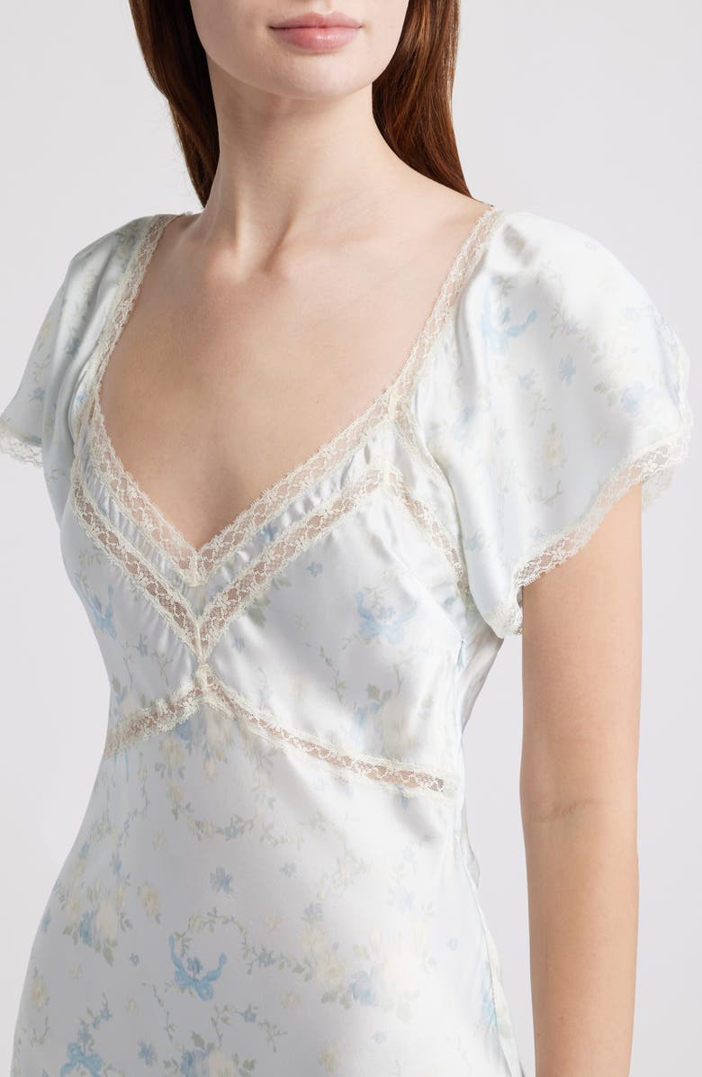 LoveShackFancy Eline Floral Print Lace Trim Silk Maxi Dress, Alternate, color, Snowdrop Blue