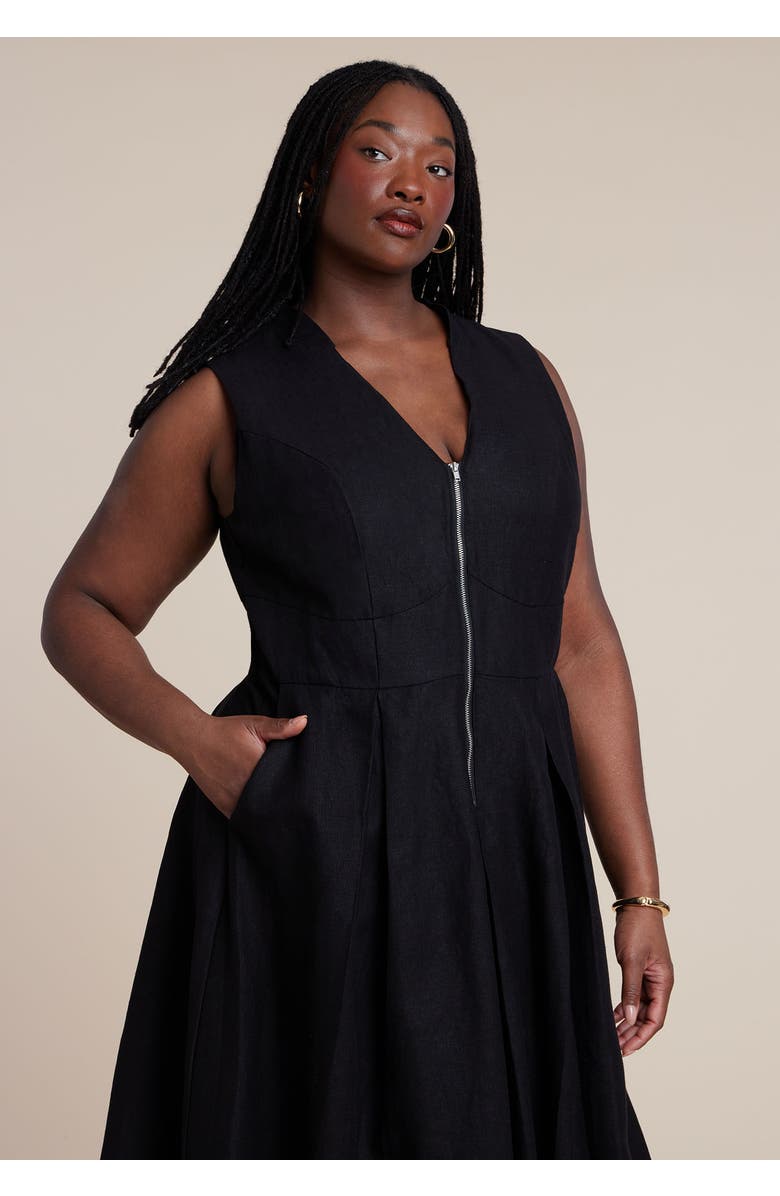 ELOQUII Zipper Detail Linen Maxi Dress, Alternate, color, Black Onyx