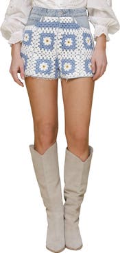 Avec Les Filles Crochet Denim Cutoff Shorts
