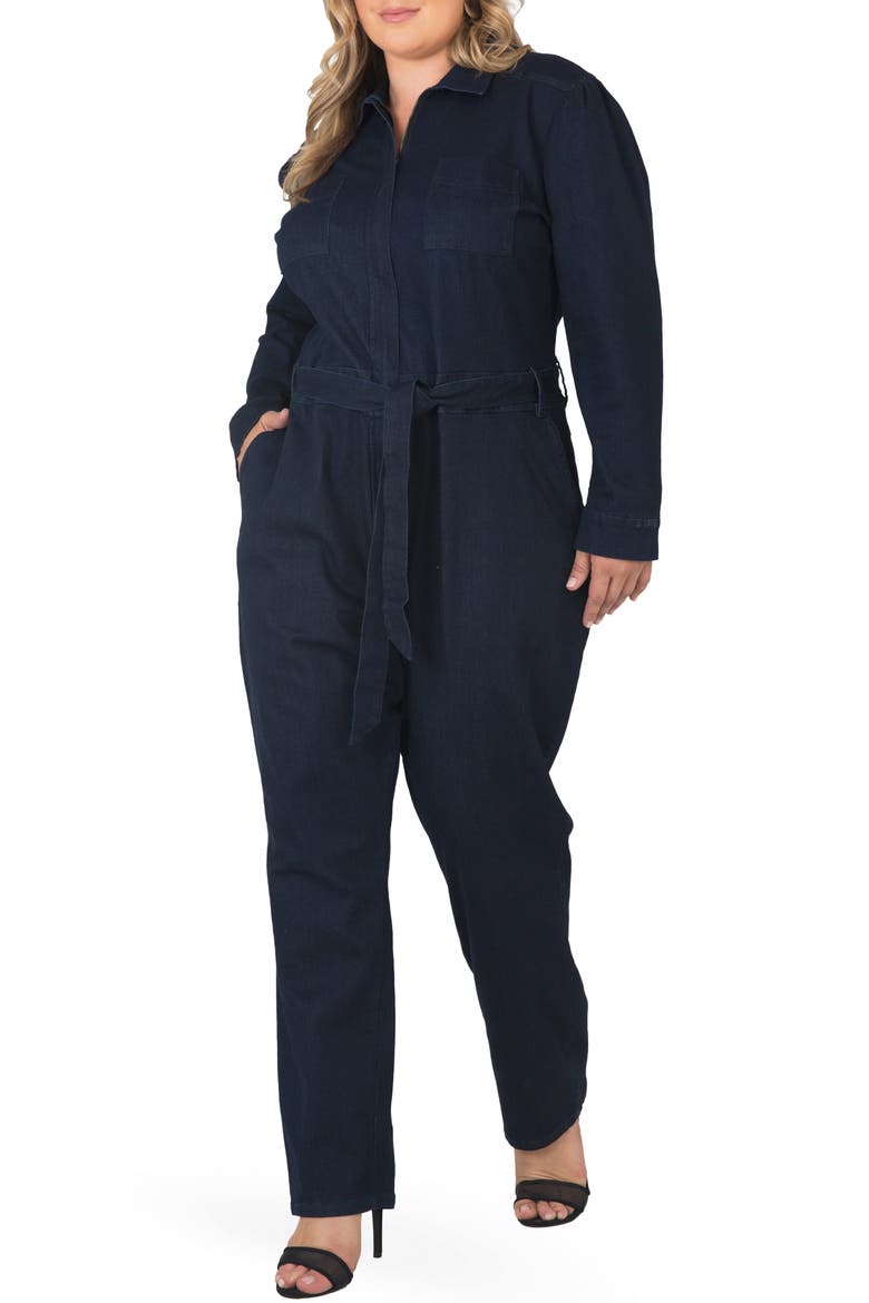Janeen Belted Denim Boilersuit, Alternate, color, DARK HAND SAND WASH