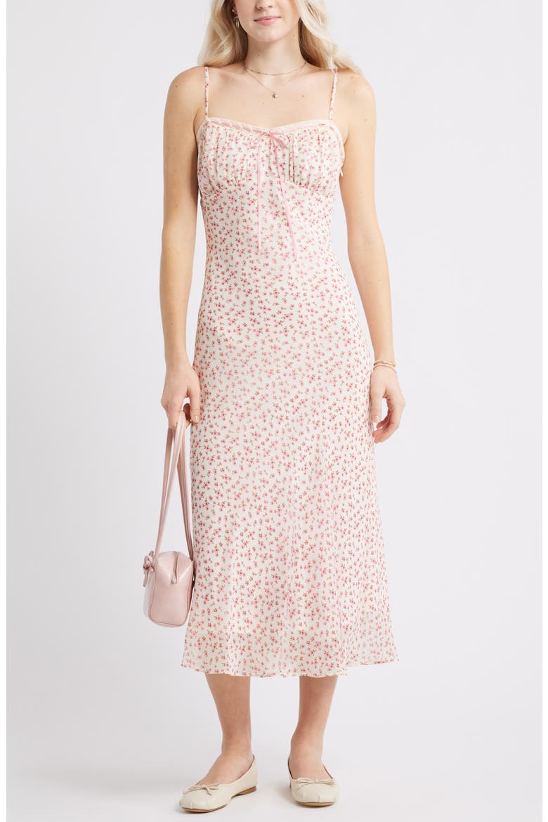 Tie Front Chiffon Midi Dress, Main, color, IVORY- PINK ELIZABETH FLORAL