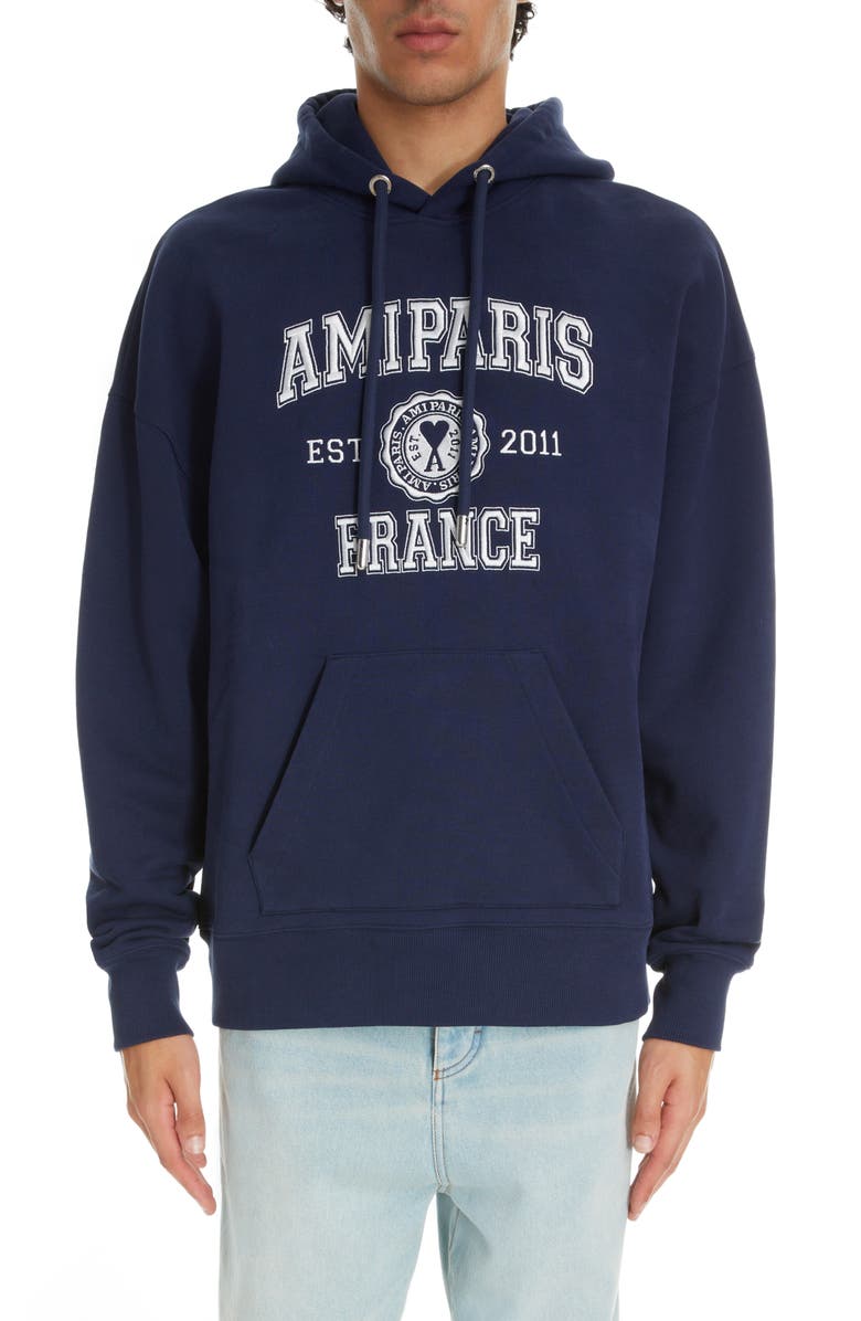 AMI PARIS France Logo Embroidered Organic Cotton Hoodie, Main, color,