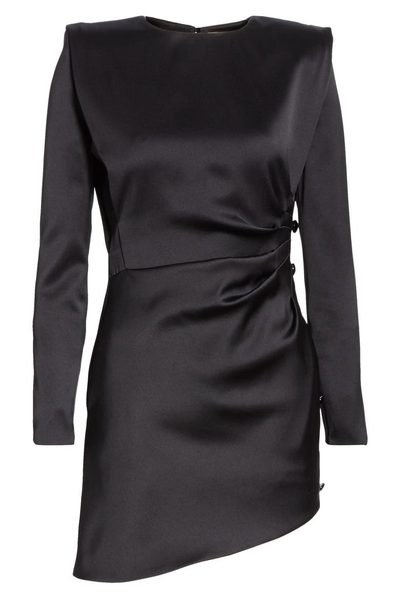 Asymmetrical Long Sleeve Silk Satin Minidress, Alternate, color, NOIR